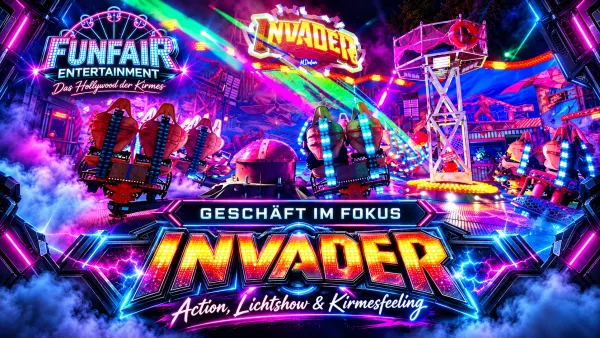 Invader von Marvin Dreßen: offenes Rundfahrgeschäft mit 16 Gondeln, beleuchtetem Invader-Schriftzug, farbigen Lichteffekten und futuristischer Kulisse bei Nacht