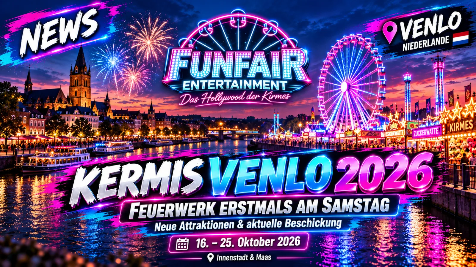 Symbolisches News-Titelbild zur Kermis Venlo 2026, Feuerwerk am Samstag und aktueller Attraktionsübersicht; kein Nachweis von Aufnahmen der Ausgabe 2026