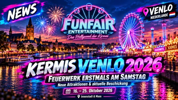 Symbolisches News-Titelbild zur Kermis Venlo 2026, Feuerwerk am Samstag und aktueller Attraktionsübersicht; kein Nachweis von Aufnahmen der Ausgabe 2026