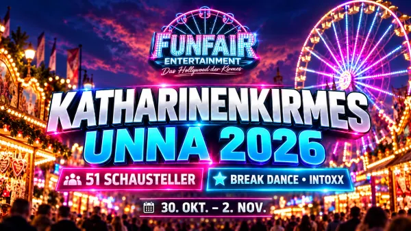 Symbolisches FunFair-Entertainment-Newsbild zur Katharinenkirmes Unna 2026 mit unscharfen Kirmeslichtern und Hinweisen auf 51 Schausteller; kein Originalfoto vom Platz