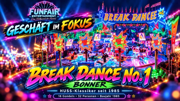 Break Dance No. 1 von Bonner in der Nacht: farbenfrohe HUSS-Break-Dance-Anlage mit Sternenbeleuchtung – Geschäft im Fokus bei FunFair Entertainment