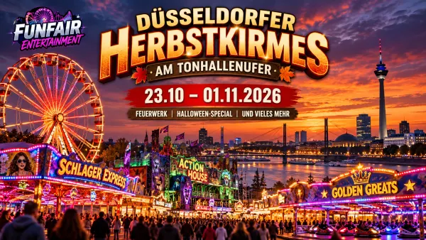 Symbolisches Neon-Herbstkirmes-Titelbild mit Riesenrad, Buden und Rheinpromenade; Illustration, keine Originalaufnahme der Düsseldorfer Herbstkirmes 2026.