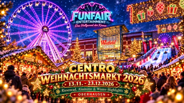 KI-Symbolbild des Centro-Weihnachtsmarkts 2026 in Oberhausen mit beleuchtetem Riesenrad, winterlichen Marktständen und Centro; keine dokumentarische Fotografie der Beschickung 2026.