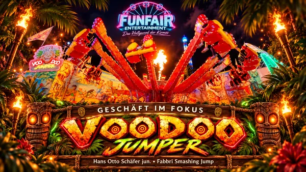 Voodoo Jumper von Schäfer bei Nacht mit roten Auslegern, hängenden Zweiergondeln und Feuereffekt – Geschäft im Fokus bei FunFair Entertainment