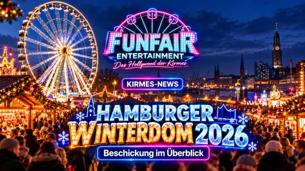 Symbolbild eines winterlichen, neonbeleuchteten Volksfestes mit Riesenrad und Buden, keine Originalaufnahme des Winterdoms 2026.
