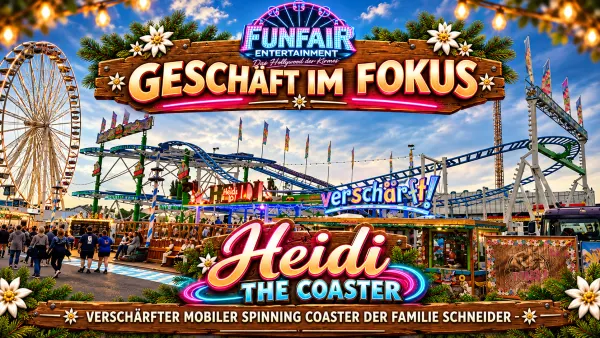 Heidi The Coaster von Schneider bei Tageslicht: mobile Spinning-Achterbahn mit blau-grüner Schiene, Schriftzug „Verschärft!“ und Alpen-Thematisierung – Geschäft im Fokus bei FunFair Entertainment