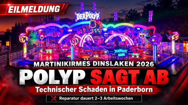 Titelbild zur Martinikirmes Dinslaken 2026: Der Polyp von Dreßen nach technischem Defekt abgesagt – redaktionelle Eilmeldung.