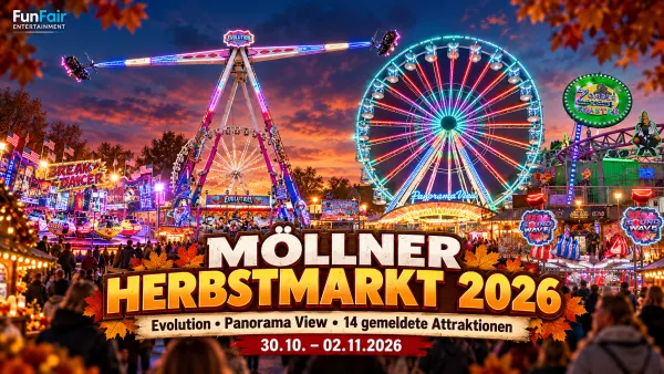 Möllner Herbstmarkt 2026: Ankündigung von Evolution-Flight und Panorama View; für das Titelbild nur echte Aufnahmen der Fahrgeschäfte verwenden oder ein neutrales Motiv als Symbolbild kennzeichnen.