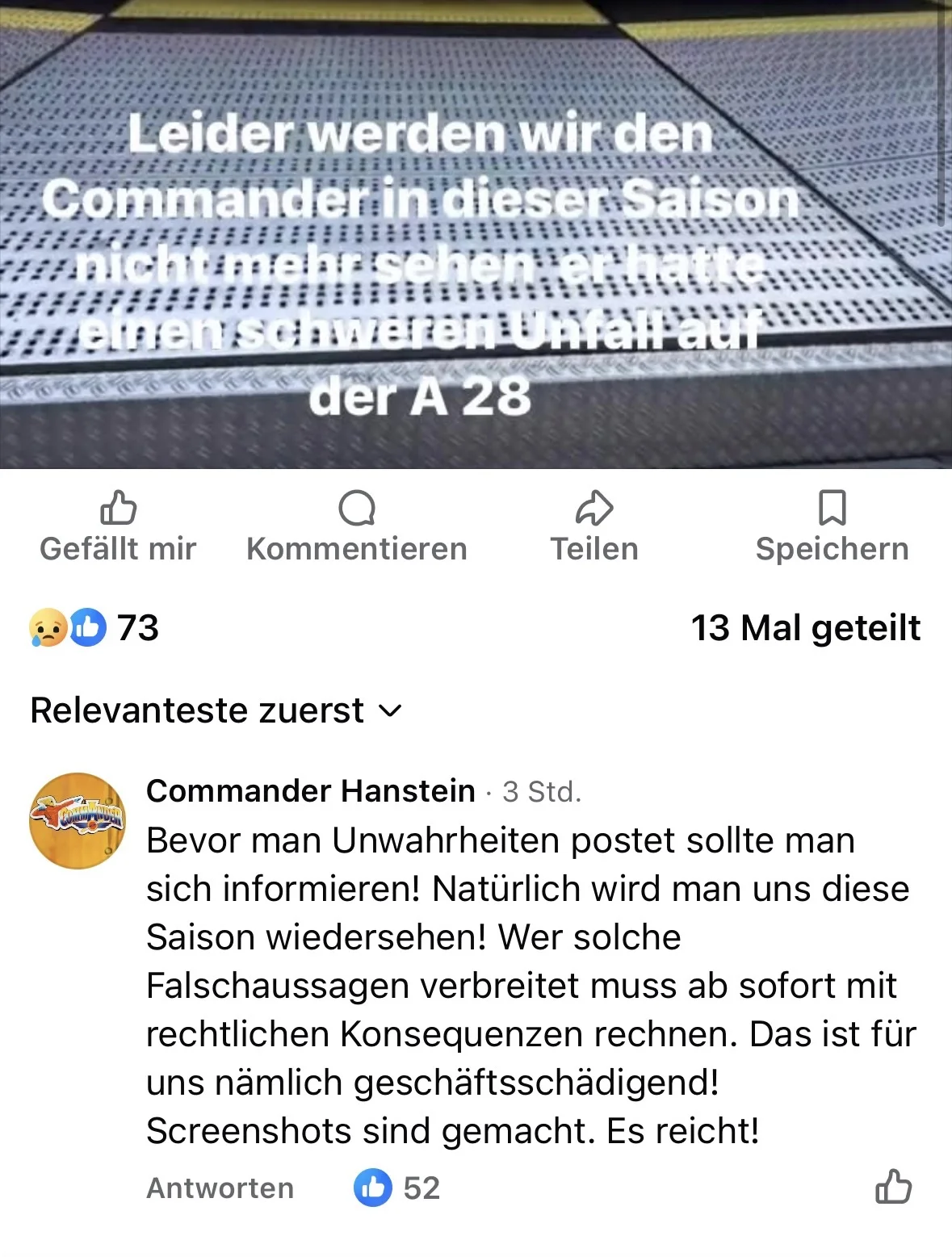 Commander Hanstein Update nach dem schweren Unfall auf der A28 mit Widerspruch gegen Saison-Aus-Gerüchte